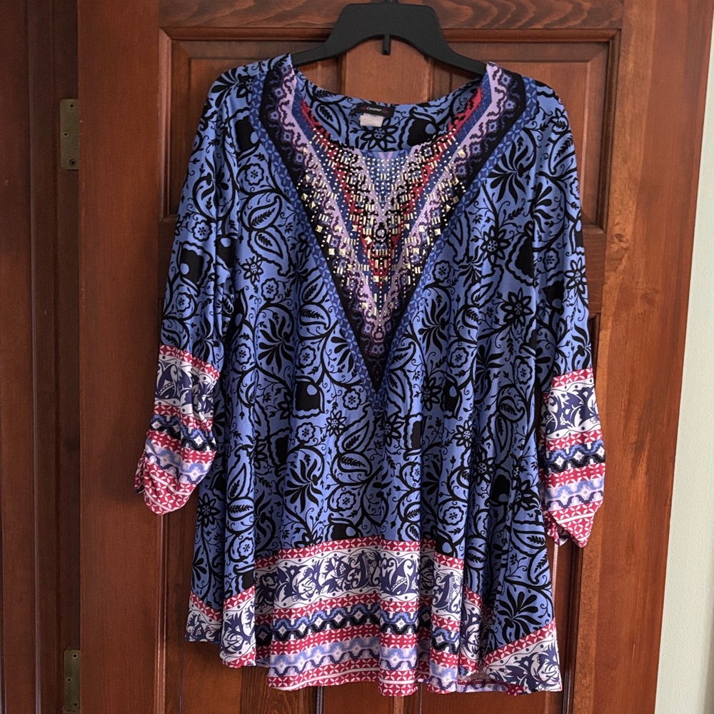 Cocomo Blue and Black Patterned Gold Studded Women's Tunic